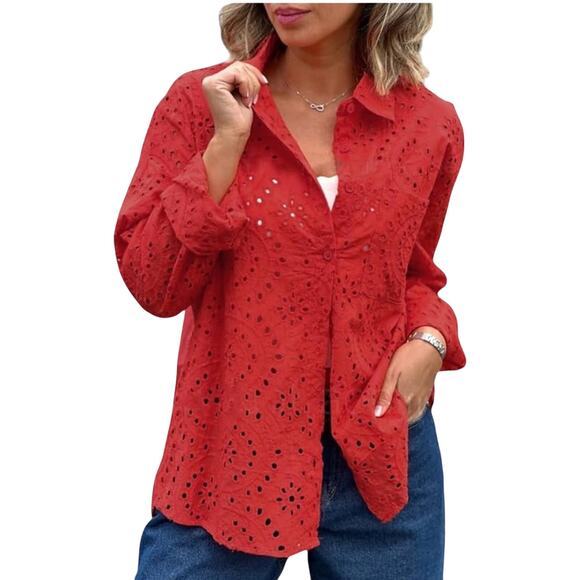 ADIVA Long Sleeve Red Pink Sheer Eyelet Lace Ruffled Summer Peasant Blouse NWT - Picture 1 of 13